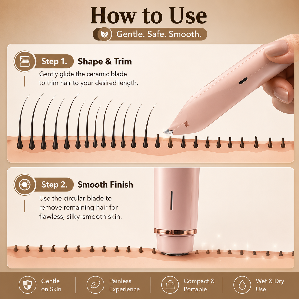 2 in1 Electric Lady Shaver for Women, Painless Womens Razor Bikini Trimmer, Waterproof Lady Shaver (Pink)
