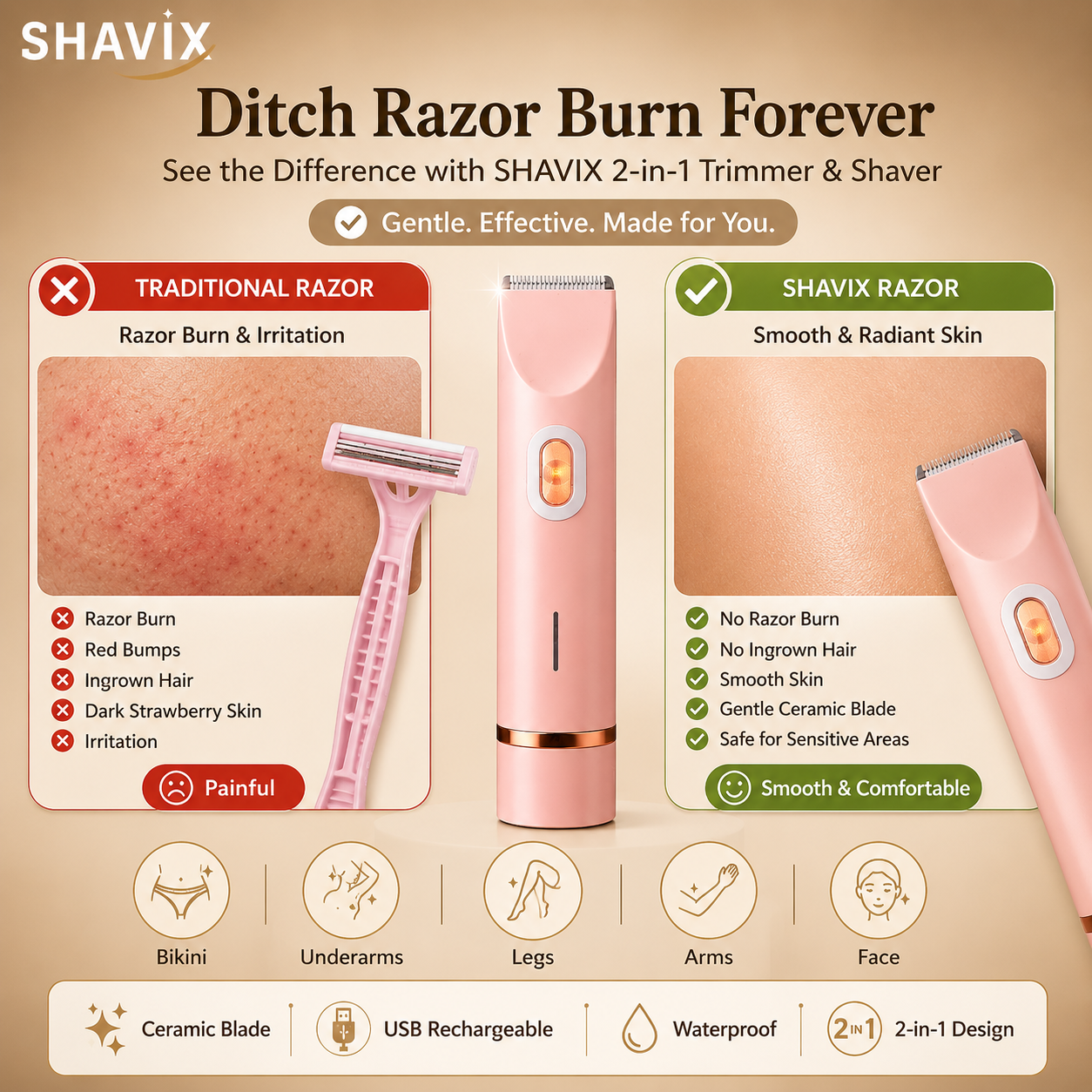 2 in1 Electric Lady Shaver for Women, Painless Womens Razor Bikini Trimmer, Waterproof Lady Shaver (Pink)
